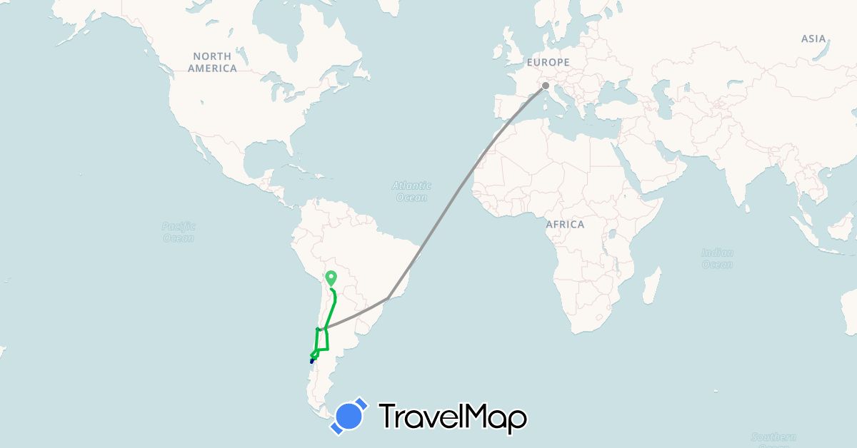 TravelMap itinerary: driving, bus, plane in Argentina, Bolivia, Brazil, Chile, Italy (Europe, South America)